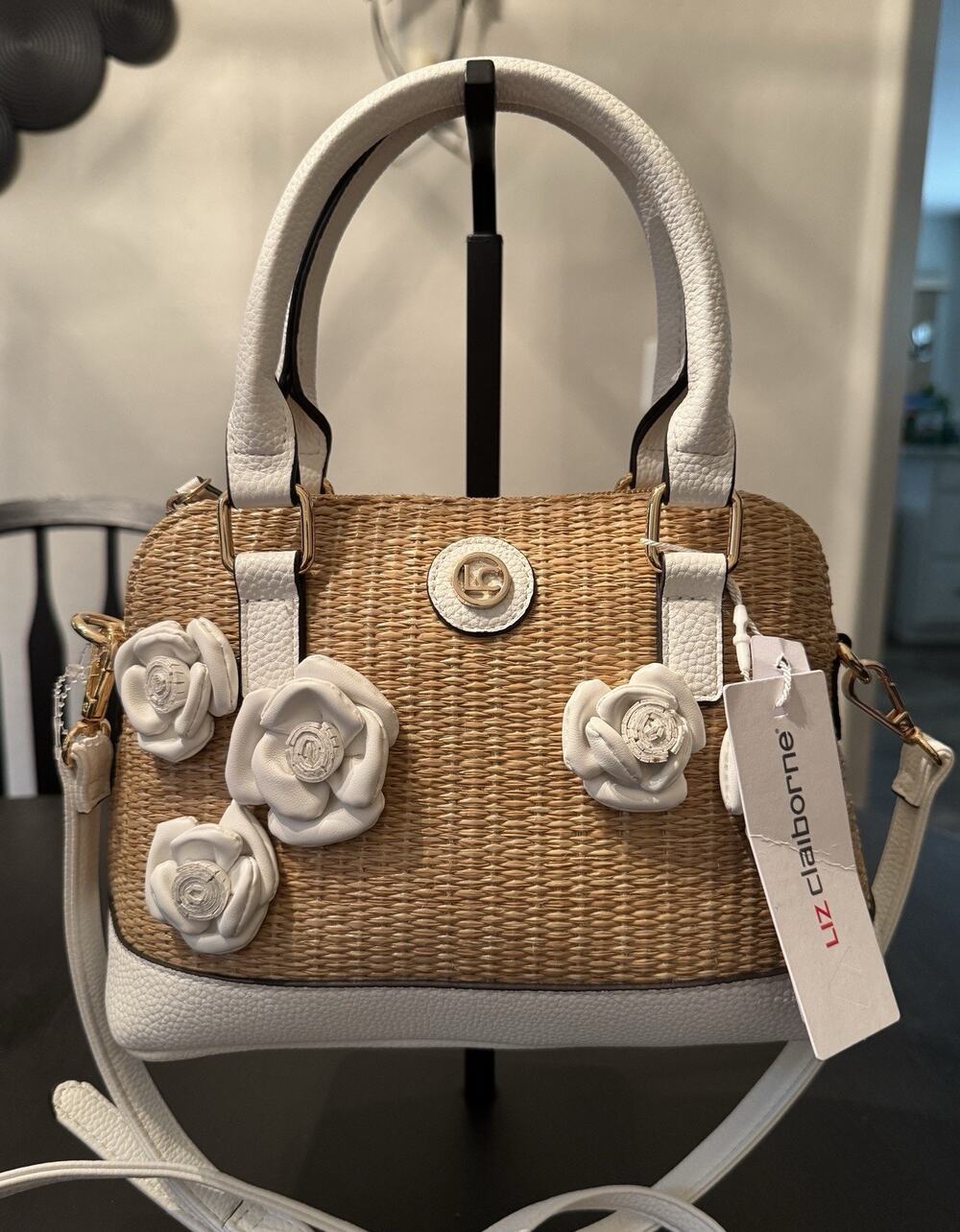 NWT Liz Claiborne Straw Satchel Crossbody Bag White 3D Floral Flowers